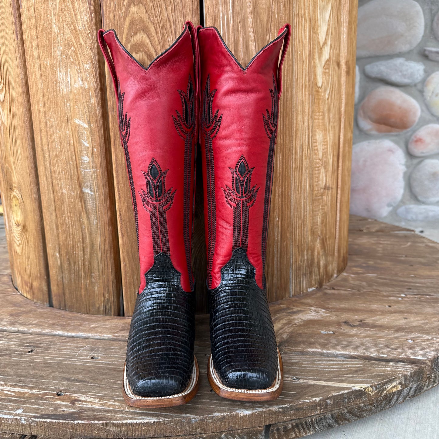 Signature Turquoise Reata Boot – The Liza, Black Lizard Print & Red Tulip Top Square Rodeo Toe Boot