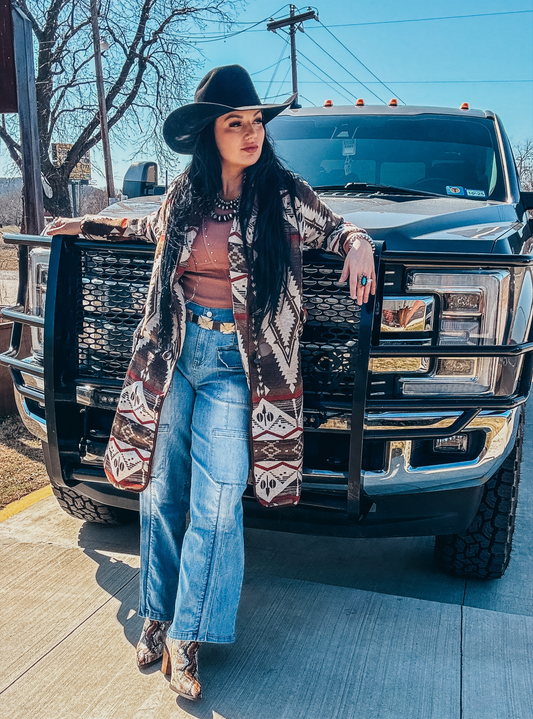 The Monica Mocha Aztec Long Coat