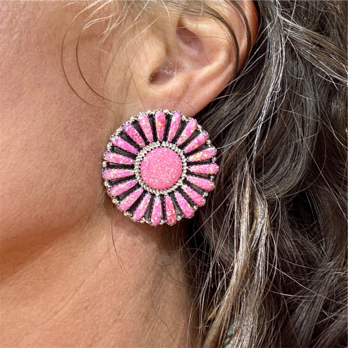 1.5" Pink Opal Cluster Earrings By Navajo Artist Devin Benally