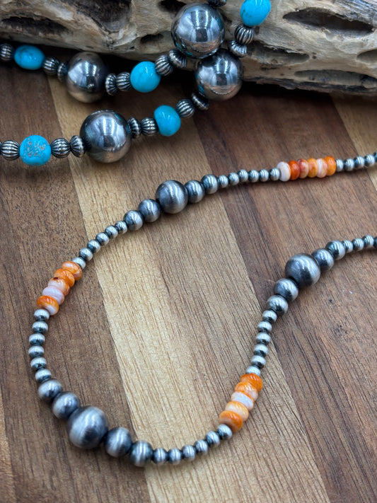 18” Orange Spiny & Sterling Silver Pearl Necklace II