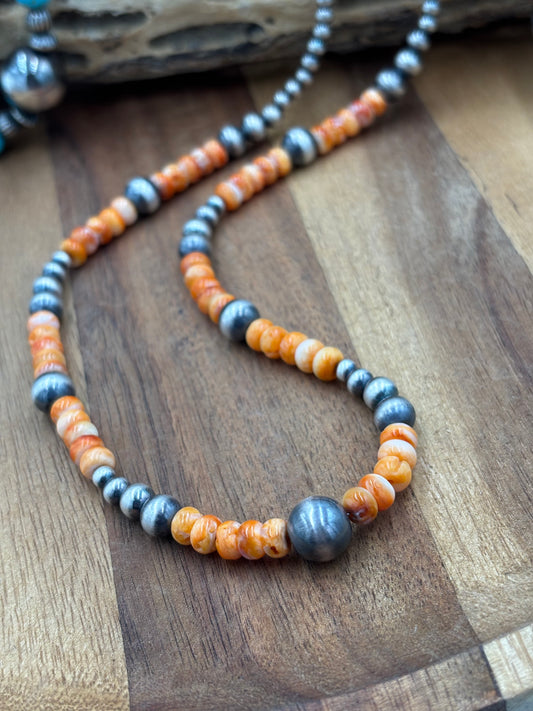 18” Orange Spiny & Sterling Silver Pearl Necklace
