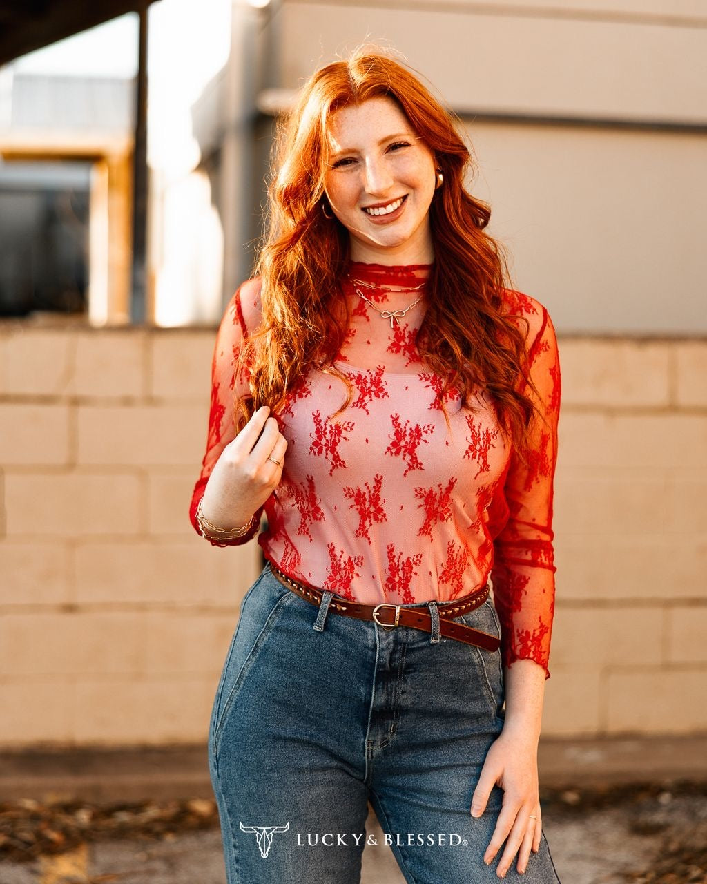 The Rose Red Floral Mesh Top (Regular Plus)