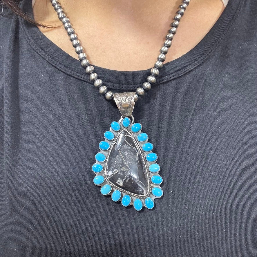 White Buffalo and Turquoise Pendant by Ned Nez