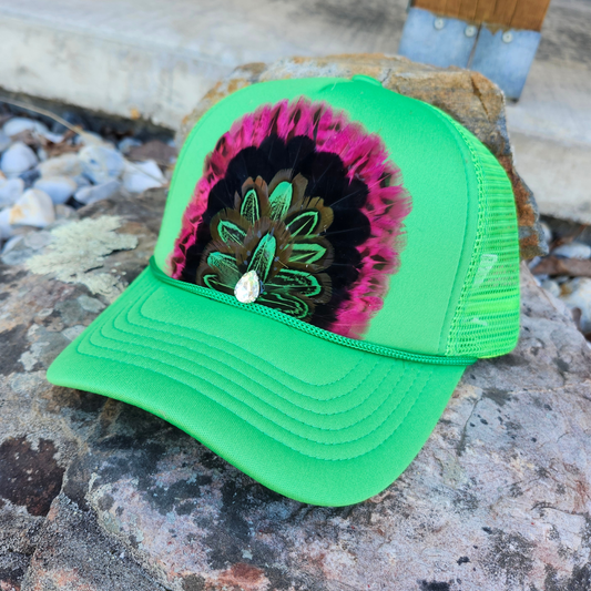 Cosmic Cowgirl Feathered Trucker Hat: Green