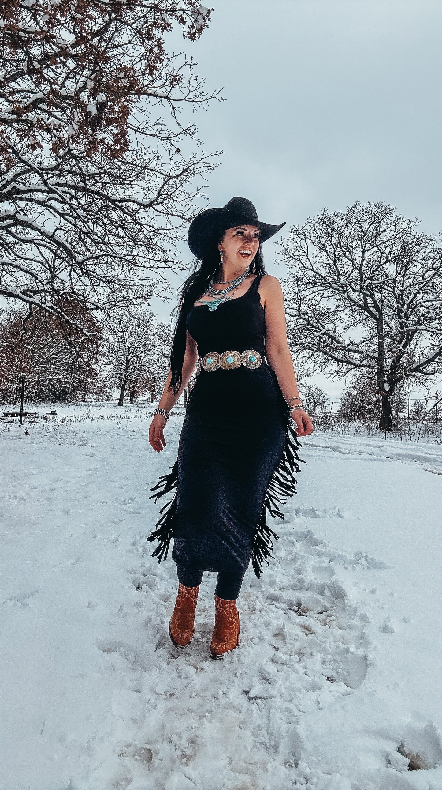 The Jackson Solid Tank Strap Sleeveless Full Length Maxi Black Dress With Fringe