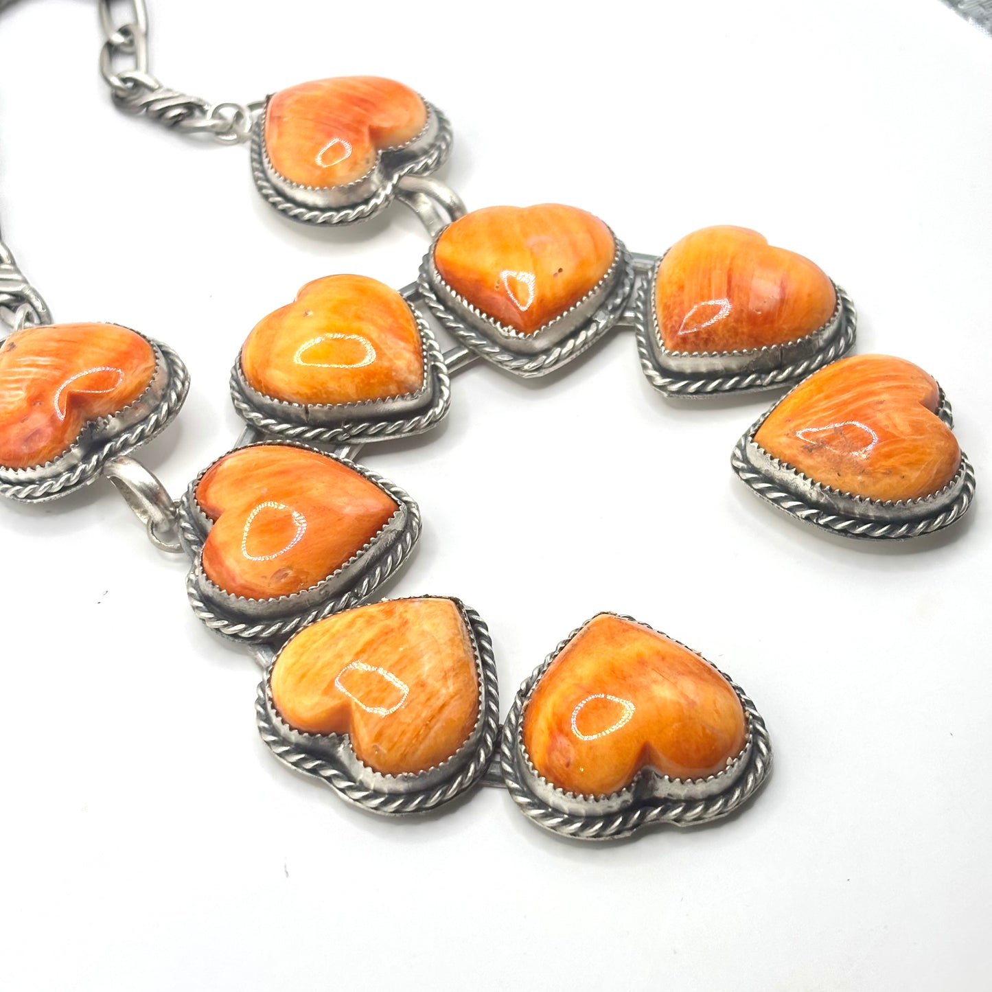 18" Orange Spiny Oyster Heart Necklace by Navajo Artist Gilbert Nez
