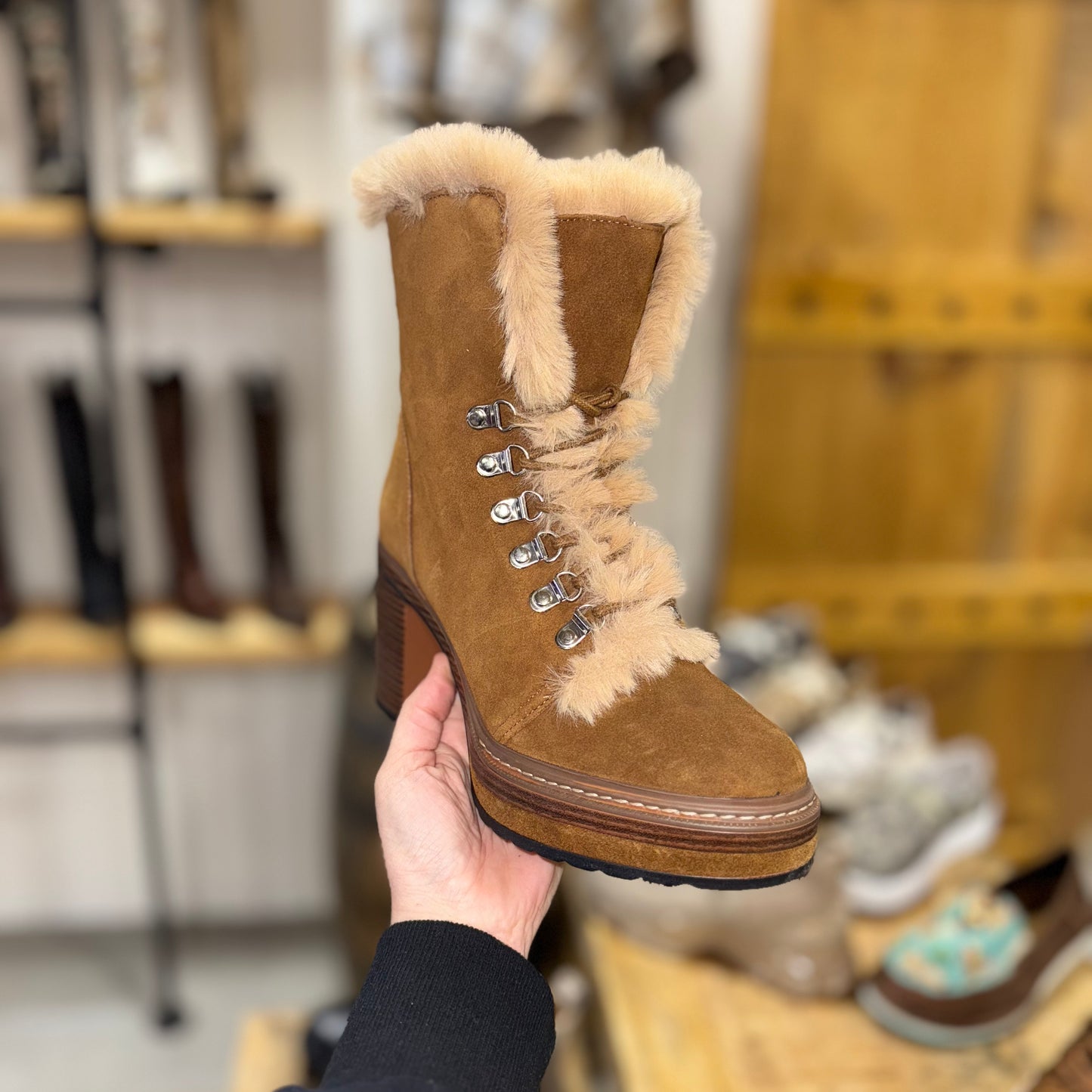 The Mountain Mama Fur Heeled Lace Up Boots Scoops by Steve Madden