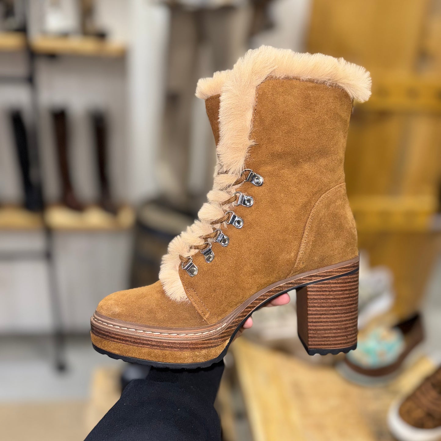 The Mountain Mama Fur Heeled Lace Up Boots Scoops by Steve Madden