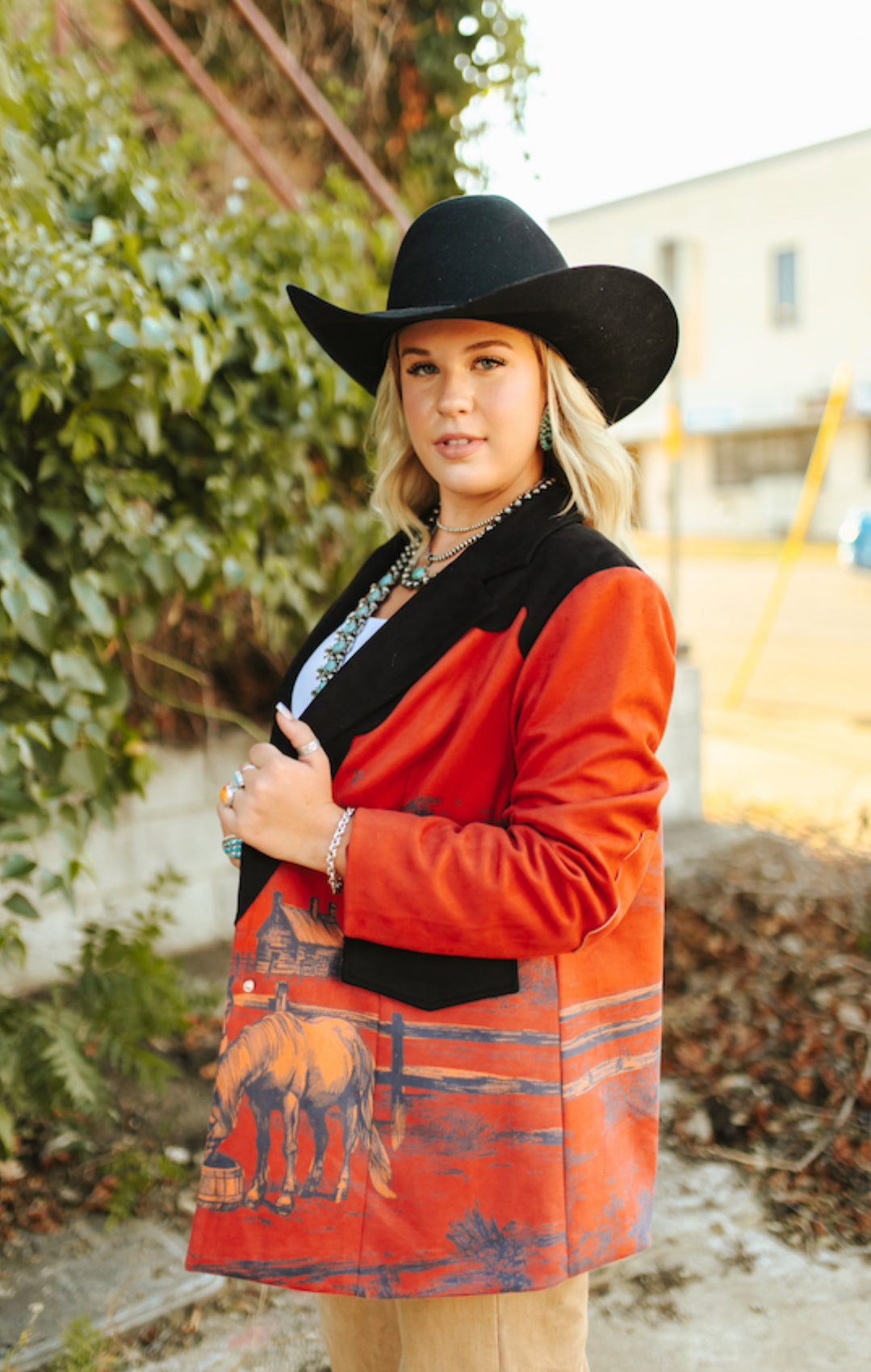 Red Vintage Cowboy Printed Lined Suede Western Blazer