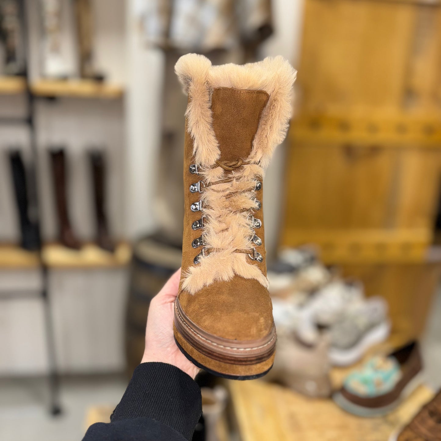 The Mountain Mama Fur Heeled Lace Up Boots Scoops by Steve Madden