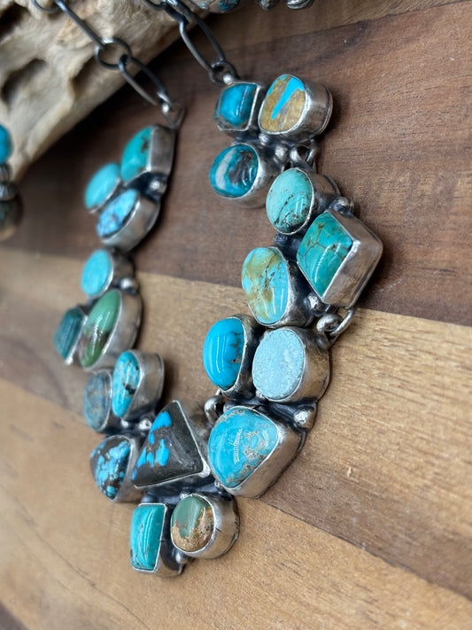 Mixed Mine Turquoise Cluster Necklace & Earrings Set by Sheila, Navajo