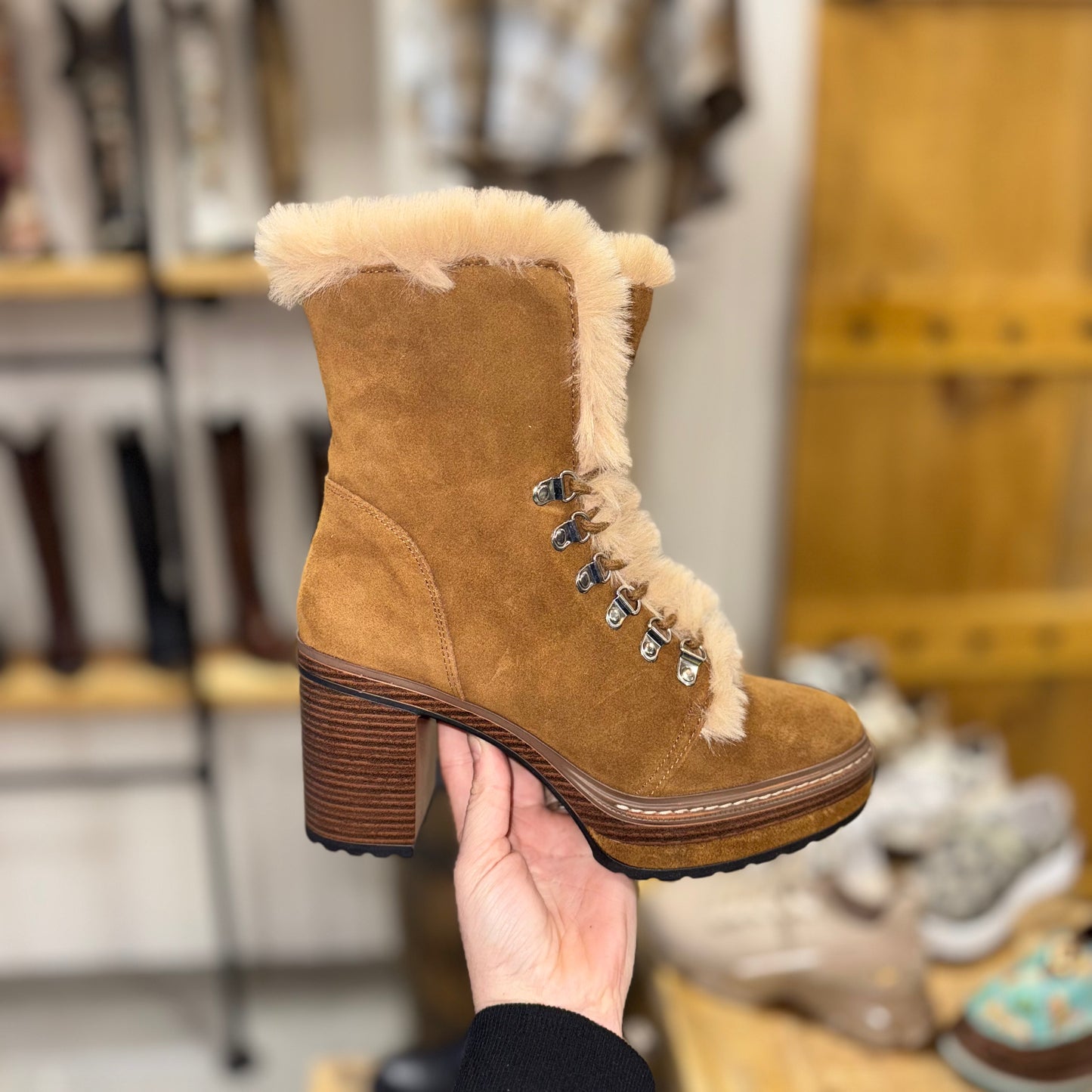The Mountain Mama Fur Heeled Lace Up Boots Scoops by Steve Madden