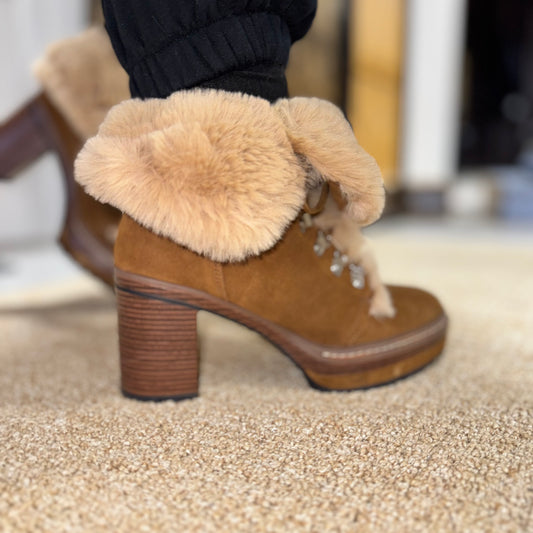 The Mountain Mama Fur Heeled Lace Up Boots Scoops by Steve Madden