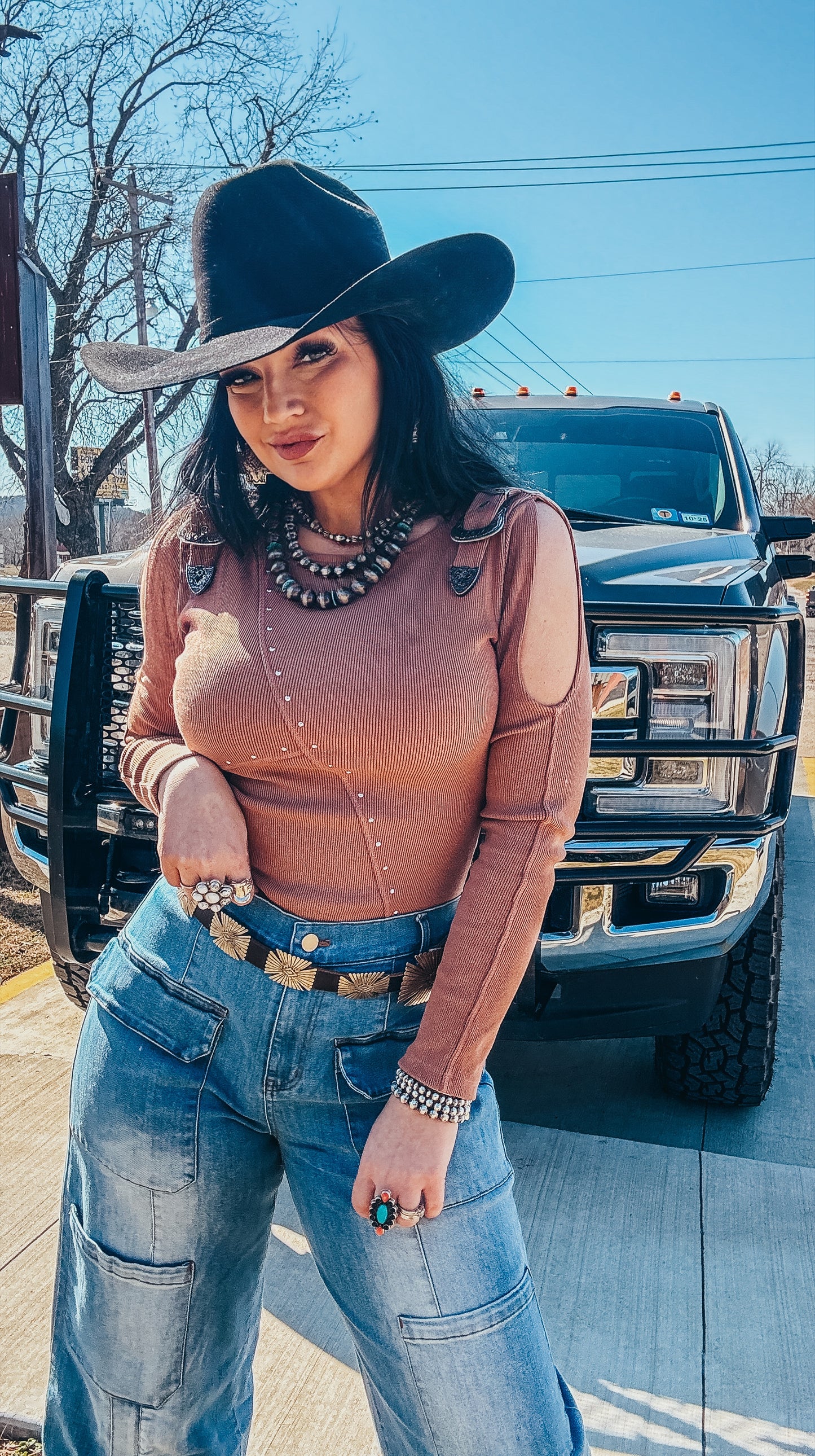 The Stacy Studded Western Buckle Cold Shoulder Bodysuit
