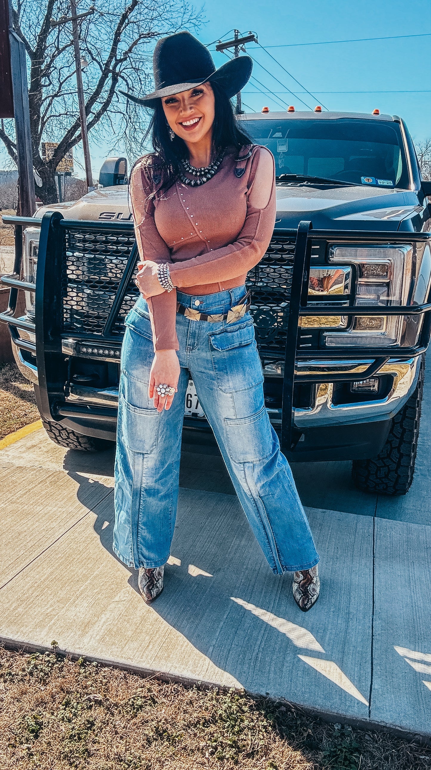 The Stacy Studded Western Buckle Cold Shoulder Bodysuit