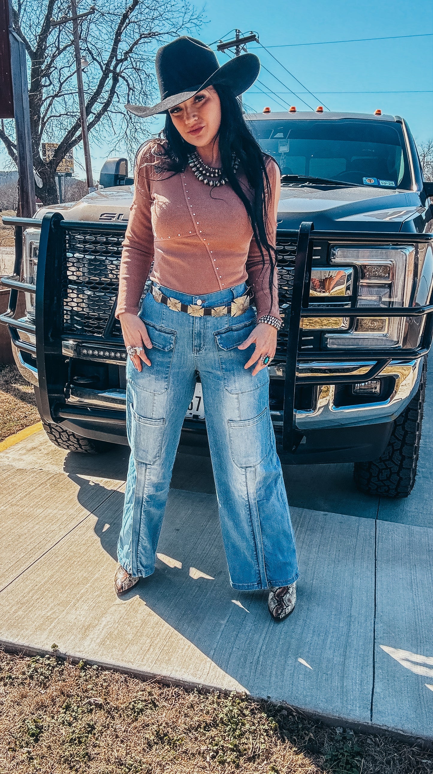 The Stacy Studded Western Buckle Cold Shoulder Bodysuit