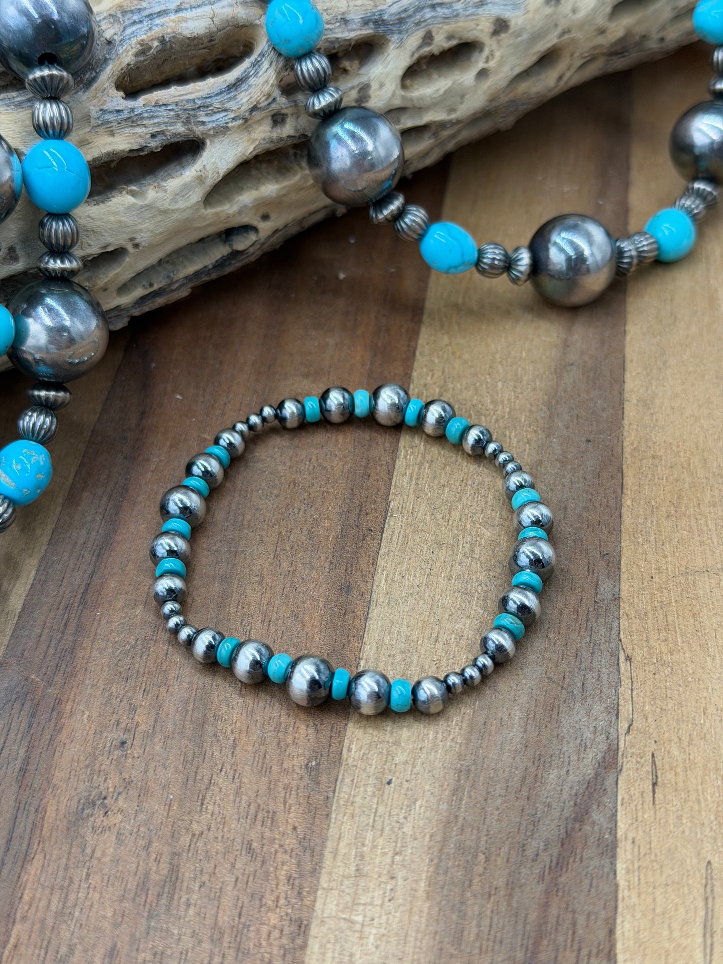 3-6mm & Turquoise #92-22 Sterling Silver Pearl Stretchy Bracelet