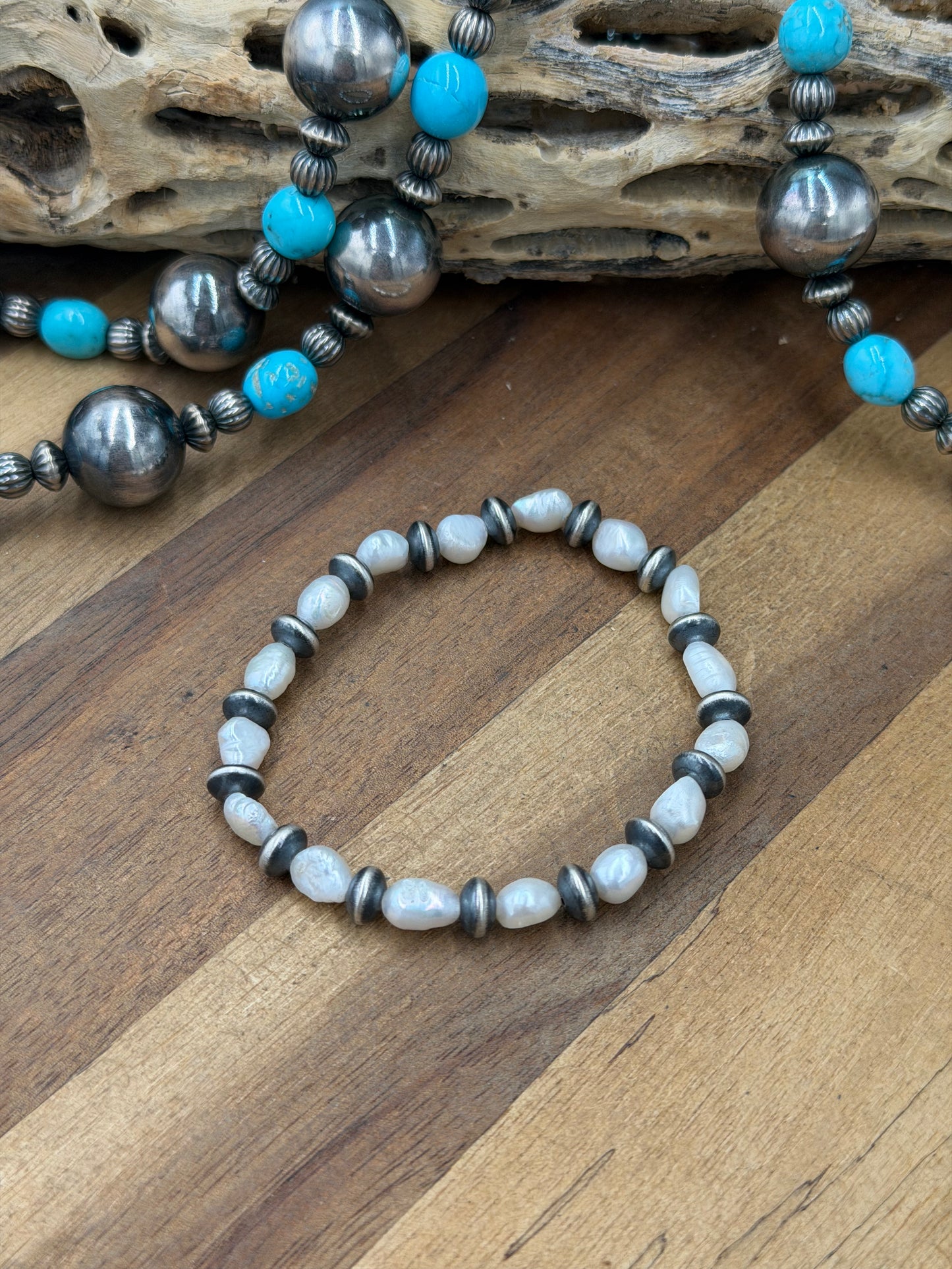 7mm & Freshwater Pearl #92-23 Saucer Sterling Silver Pearl Stretchy Bracelet