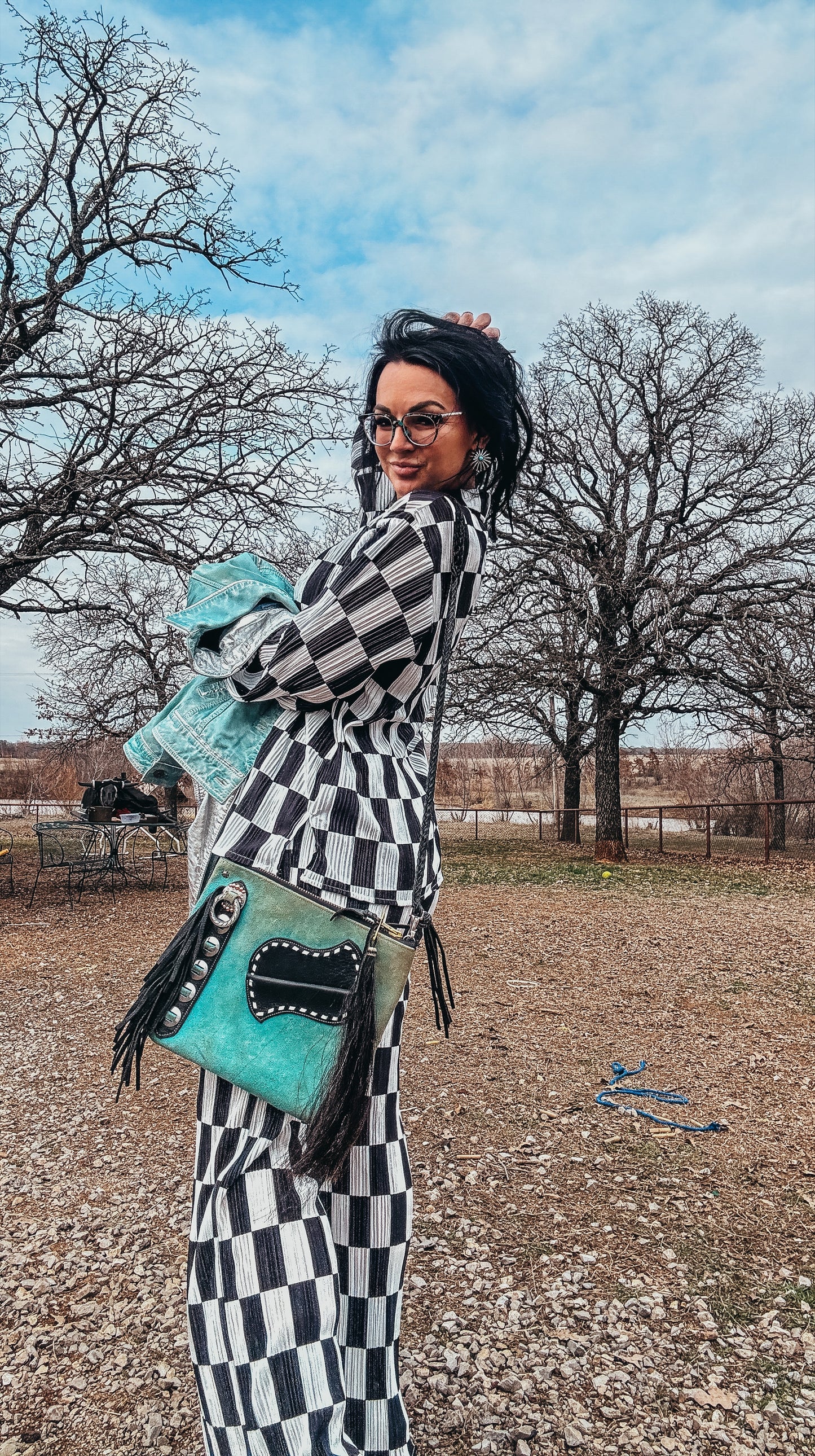 The Danika Plisse Pleated Checker Print Button Up Shirt Pants Set