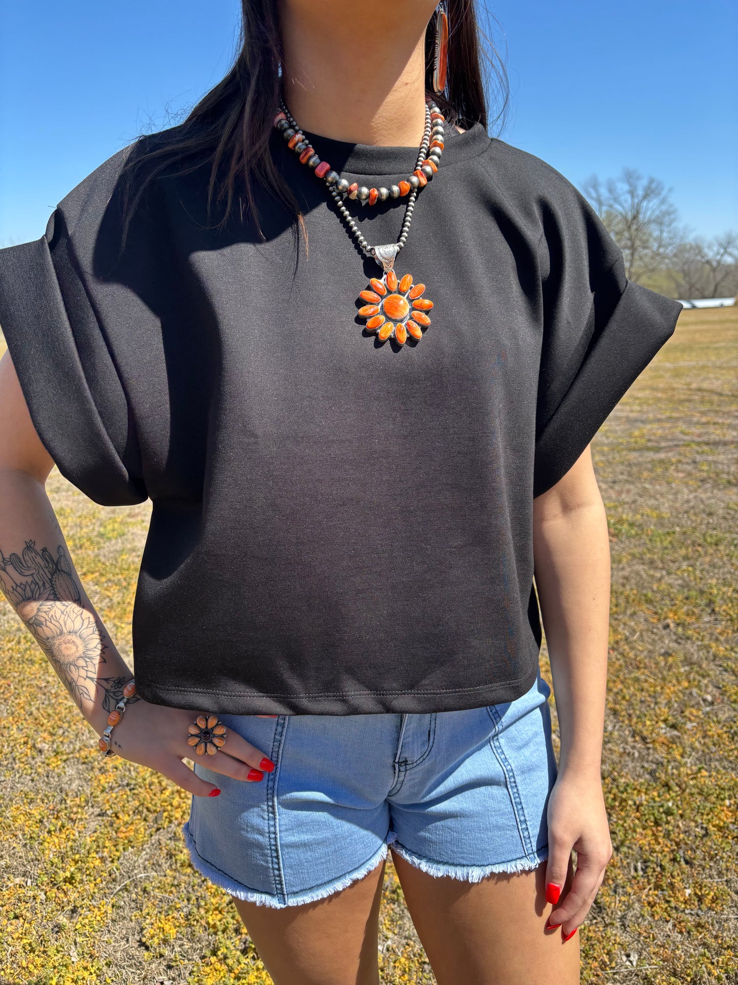 The Raegn Black Scuba Fold Wide Sleeve Top