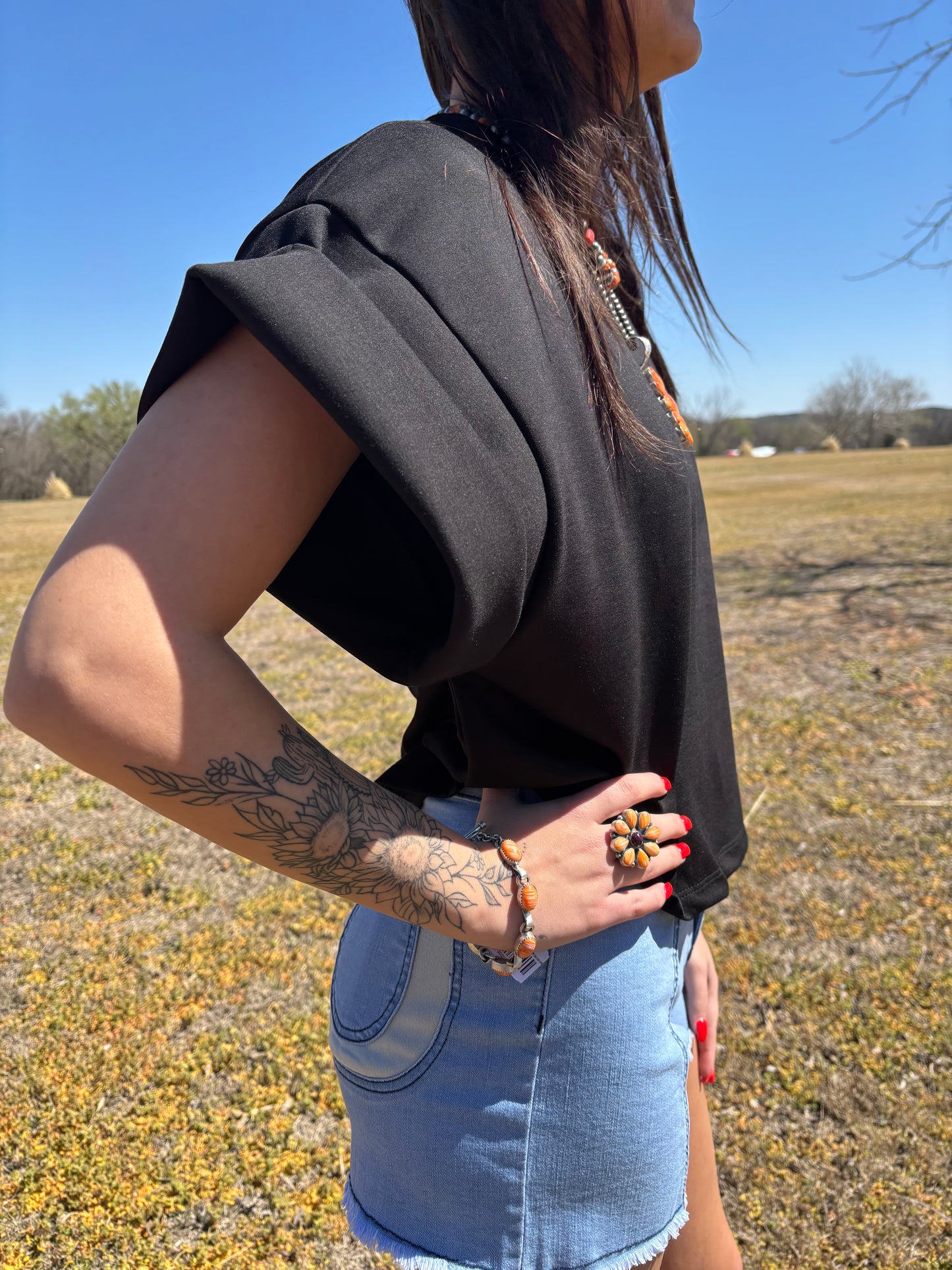 The Raegn Black Scuba Fold Wide Sleeve Top