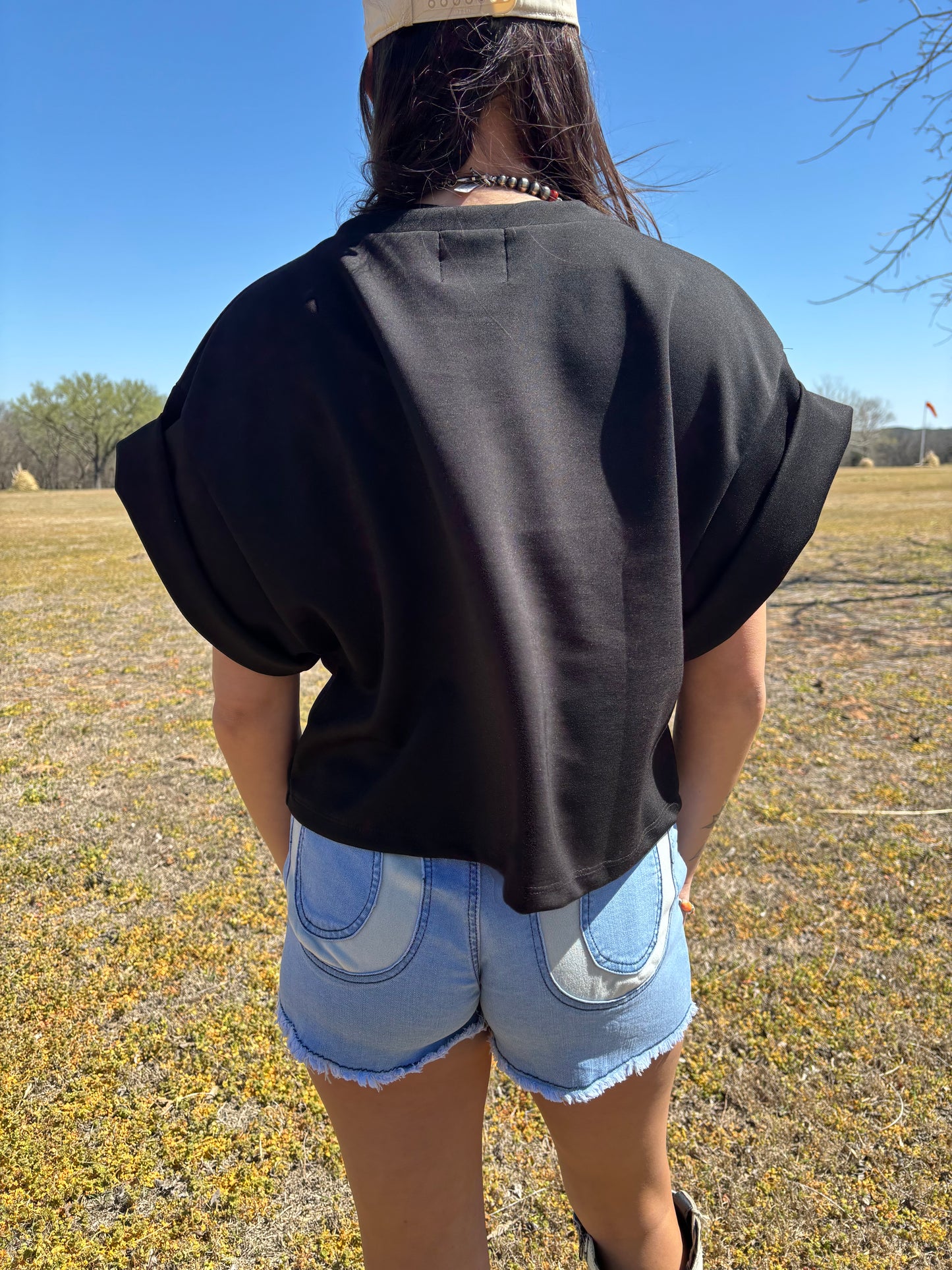 The Raegn Black Scuba Fold Wide Sleeve Top