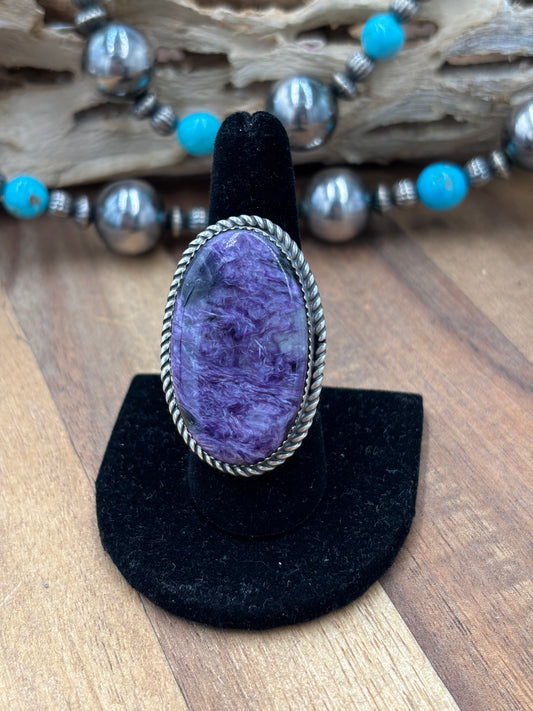 Charoite Size 8 Ring by Philbert Nez, Navajo #725-1