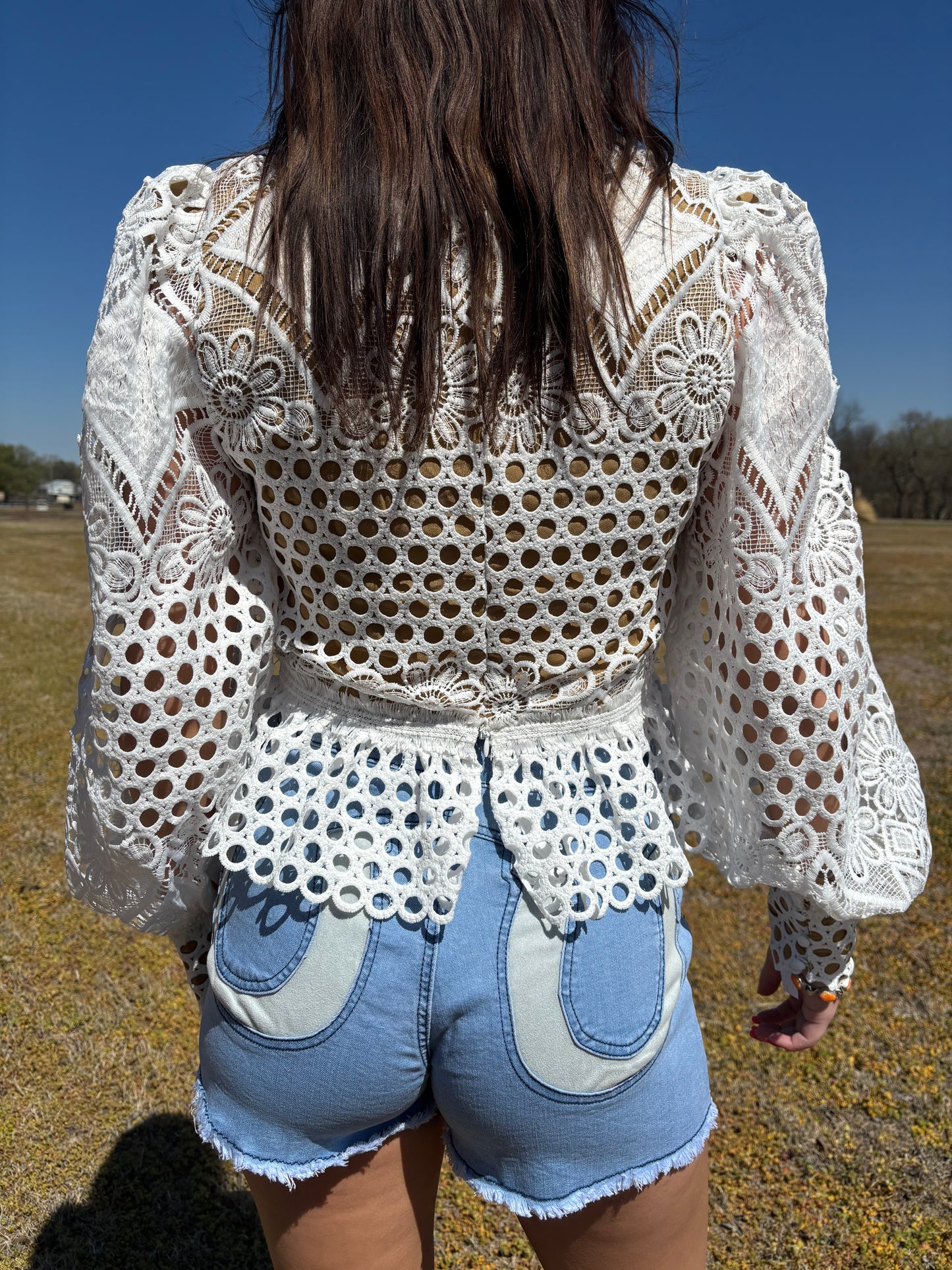 The Crosbie Crotchet Lace Lantern Sleeve Top