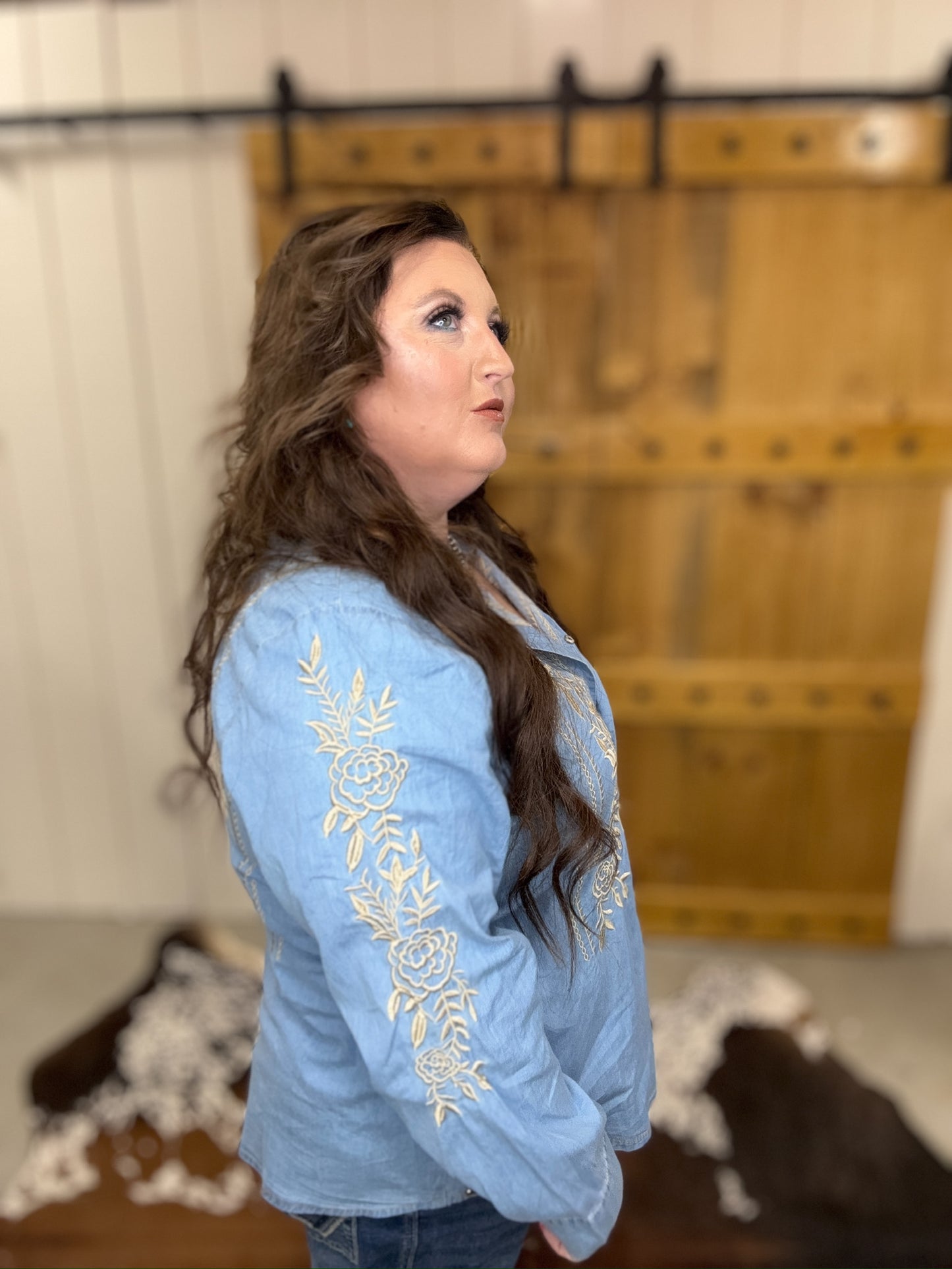 The Betsy Long Sleeve Denim Embroidered Button Down Blouse (Regular & Plus Size)