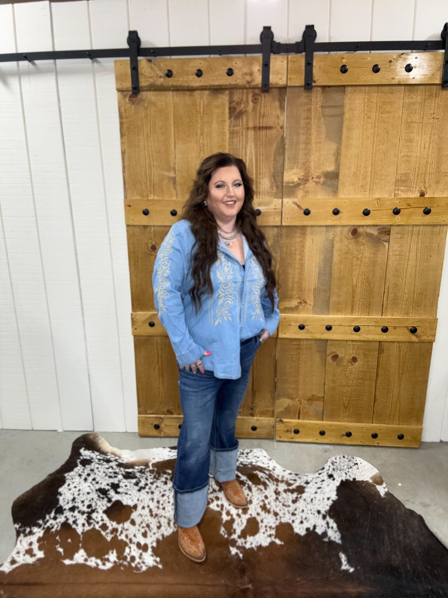 The Betsy Long Sleeve Denim Embroidered Button Down Blouse (Regular & Plus Size)
