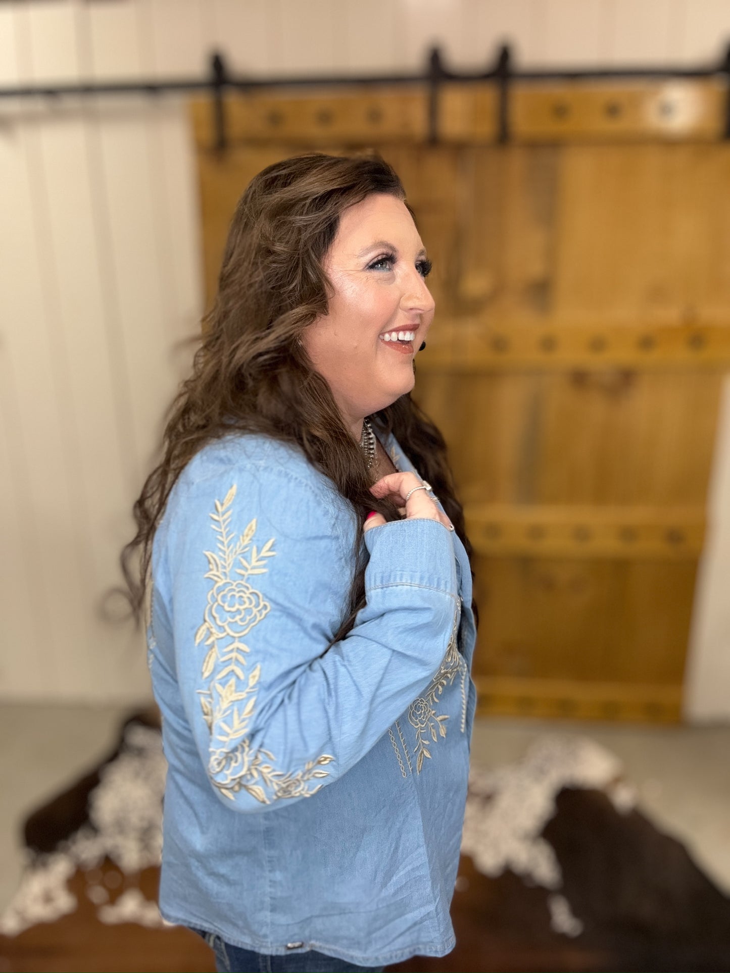 The Betsy Long Sleeve Denim Embroidered Button Down Blouse (Regular & Plus Size)