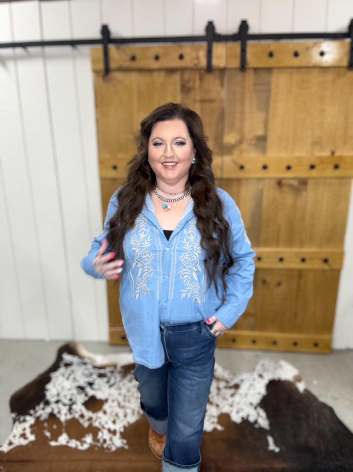 The Betsy Long Sleeve Denim Embroidered Button Down Blouse (Regular & Plus Size)
