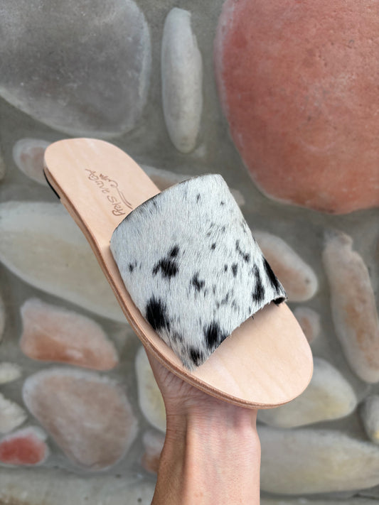 The Nadia- Handmade Cowhide Slip-On Sandals Salt & Pepper Black/White