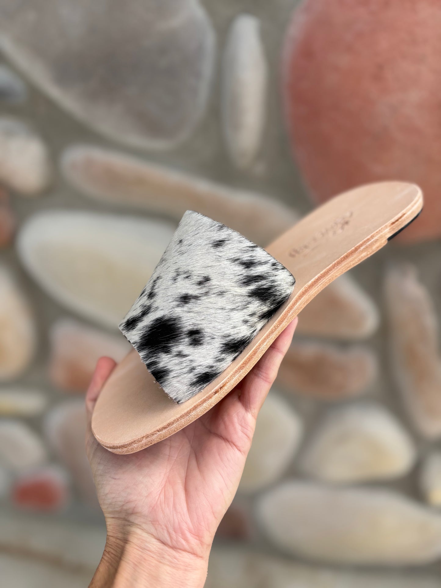 The Nadia- Handmade Cowhide Slip-On Sandals Salt & Pepper Black/White