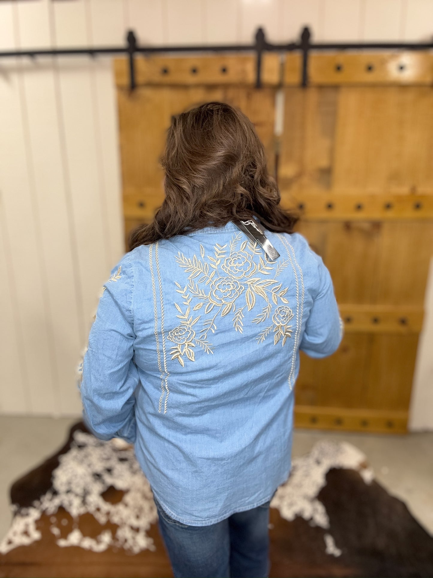 The Betsy Long Sleeve Denim Embroidered Button Down Blouse (Regular & Plus Size)