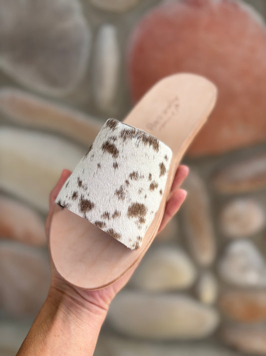The Nadia- Handmade Cowhide Slip-On Sandals Salt & Pepper Chocolate Brown/White
