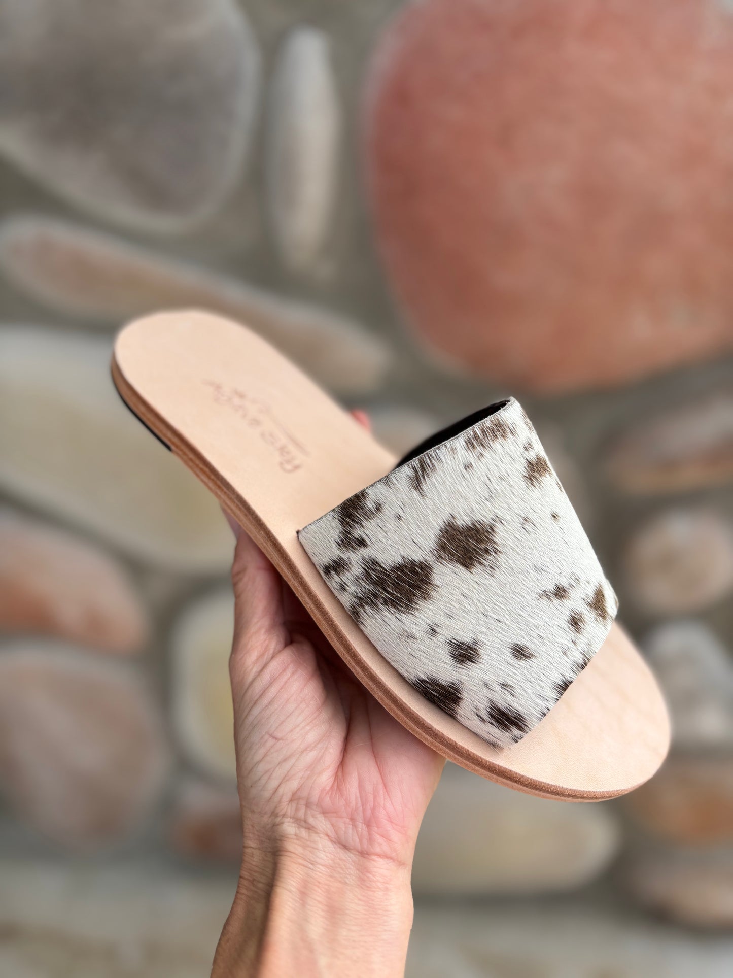 The Nadia- Handmade Cowhide Slip-On Sandals Salt & Pepper Chocolate Brown/White