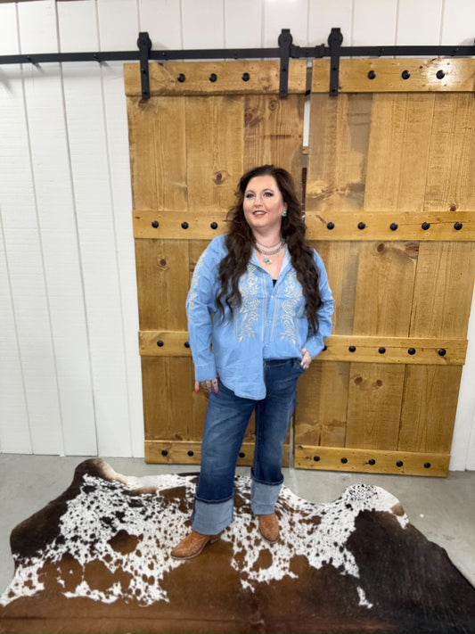 The Betsy Long Sleeve Denim Embroidered Button Down Blouse (Regular & Plus Size)