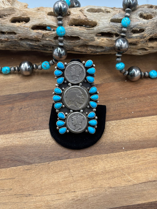 Turquoise #926-8 Indian Nickel & Mercury Dime Adjustable Ring by Travis Jim, Navajo