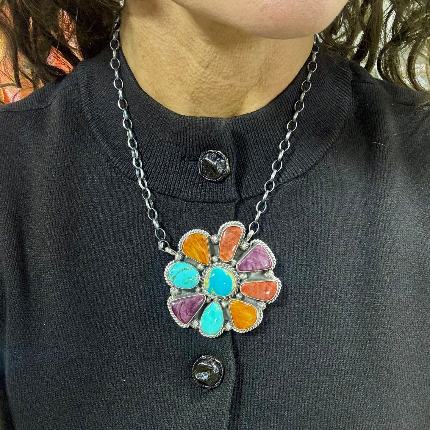 16" Multi-Stone Turquoise & Spiny Oyster Cluster Necklace By Elouise Kee
