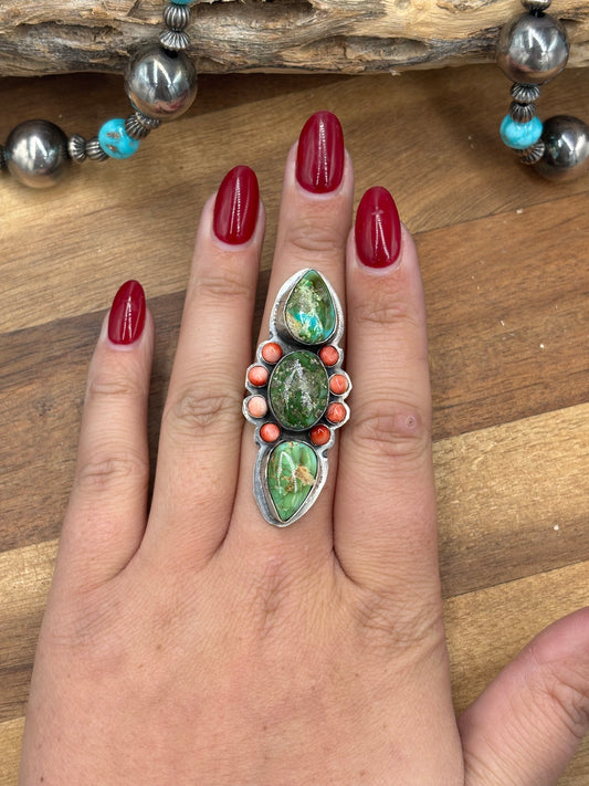Sonoran Gold #927-9 Turquoise & Red Spiny Adjustable Ring by Boyd Ashley, Navajo