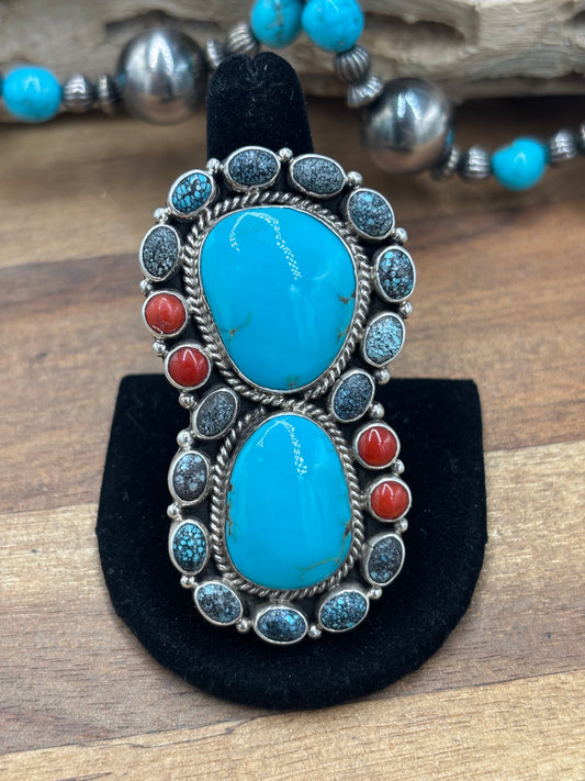Turquoise & Coral #930-11 Cluster Ring Size 10 By Mary Jane Garcia, Navajo