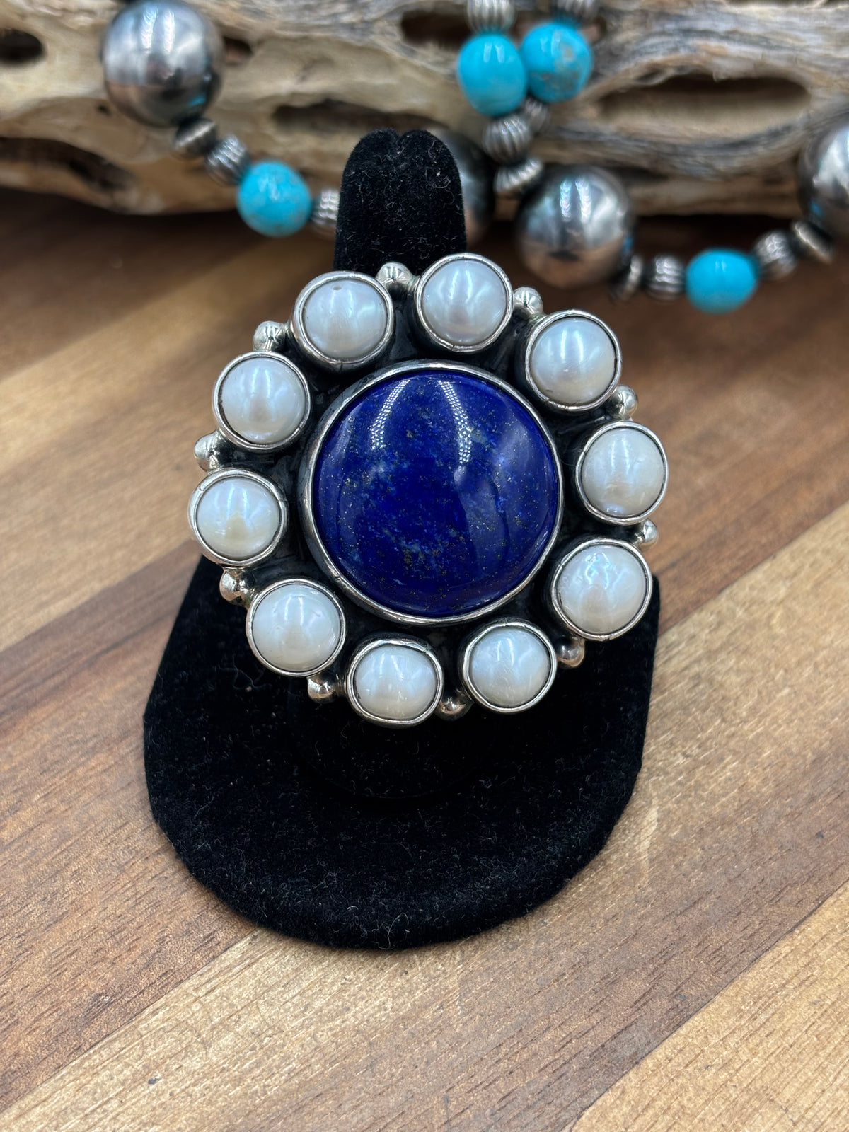 Lapis & Freshwater Pearl #917-15 Adjustable Ring by Federico Jiminez