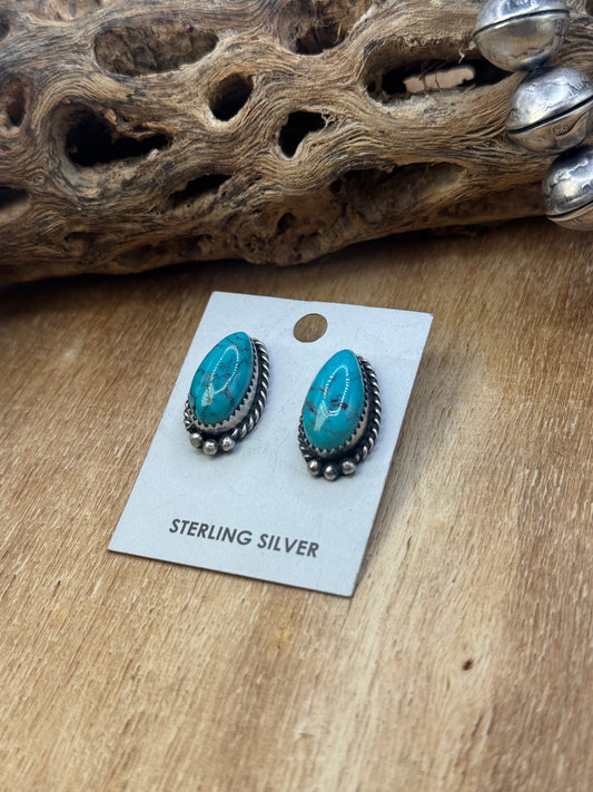 Kingman Turquoise Stud Earrings B by Freda Martinez, Navajo