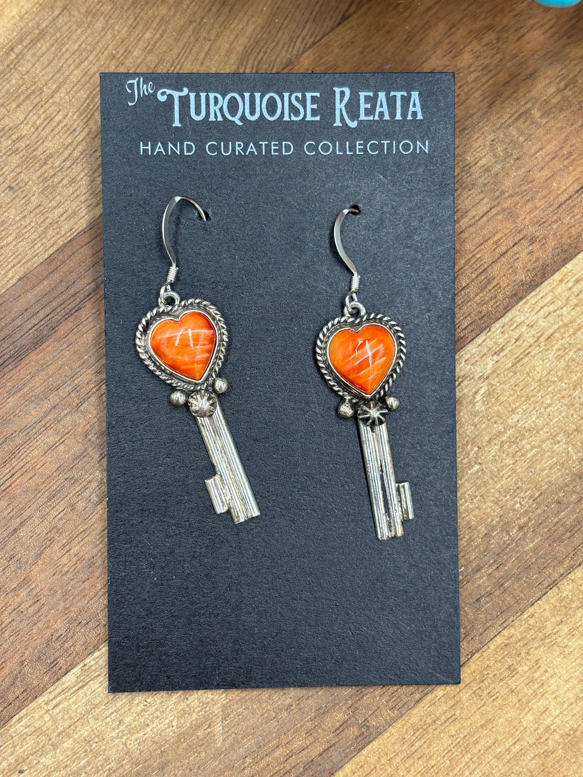 Orange Spiny #917-26B Heart Earrings by P Skeets, Navajo