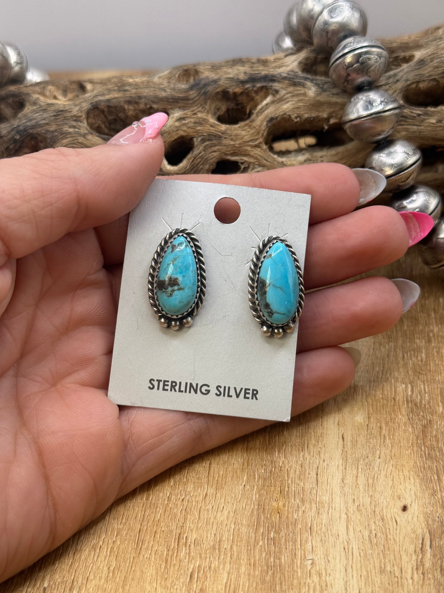 Kingman Turquoise Stud Earrings C by Freda Martinez, Navajo