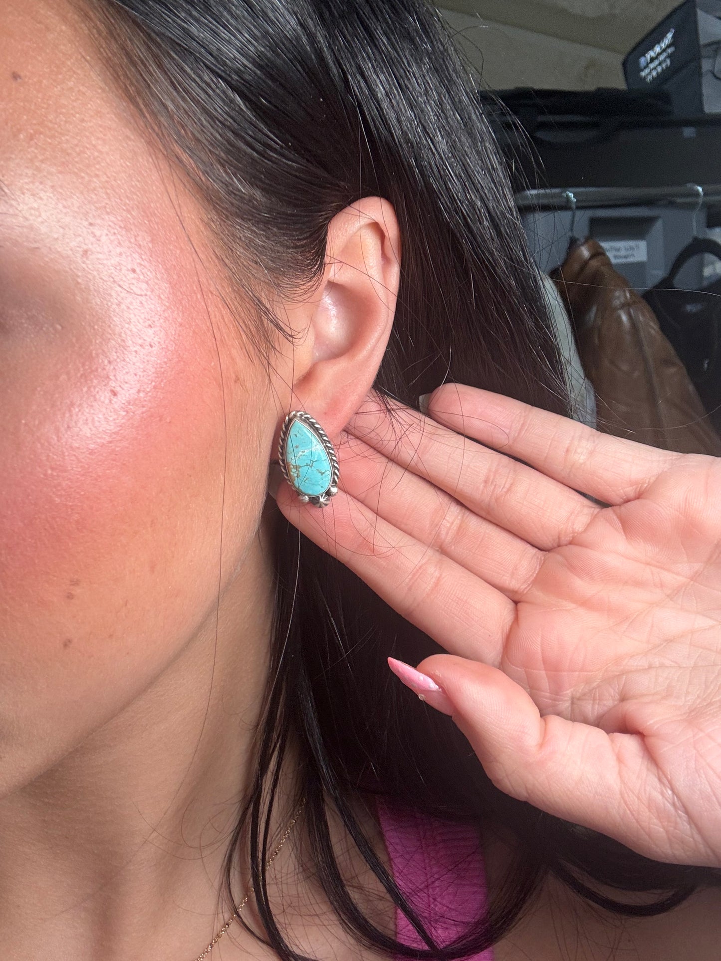 Kingman Turquoise Stud Earrings A by Chassity Belone, Navajo