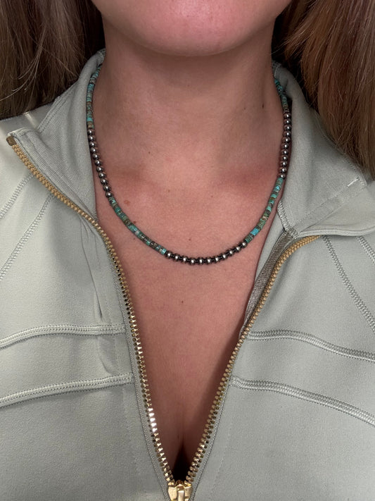 18" 5mm Turquoise #926-14 & Sterling Silver Pearl Necklace