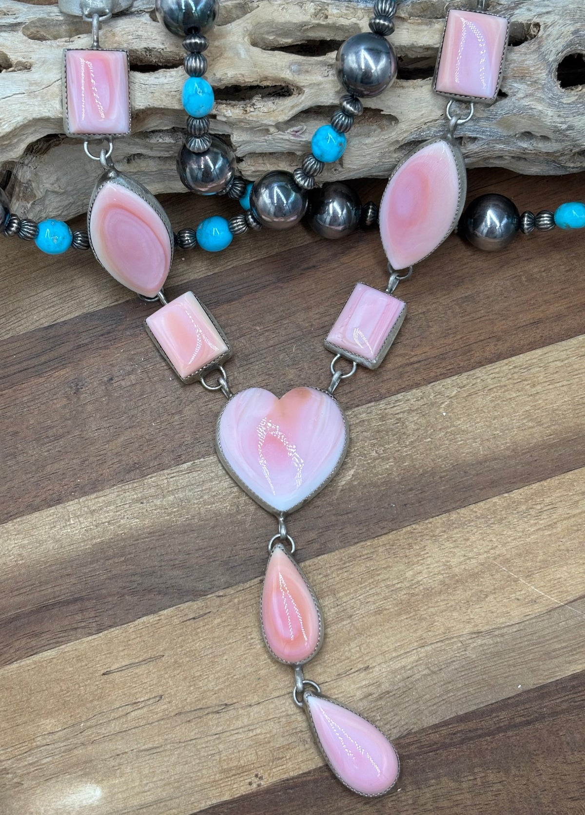 Pink Conch #101-30 Heart Lariat Necklace Set by Levi Hoskie, Navajo