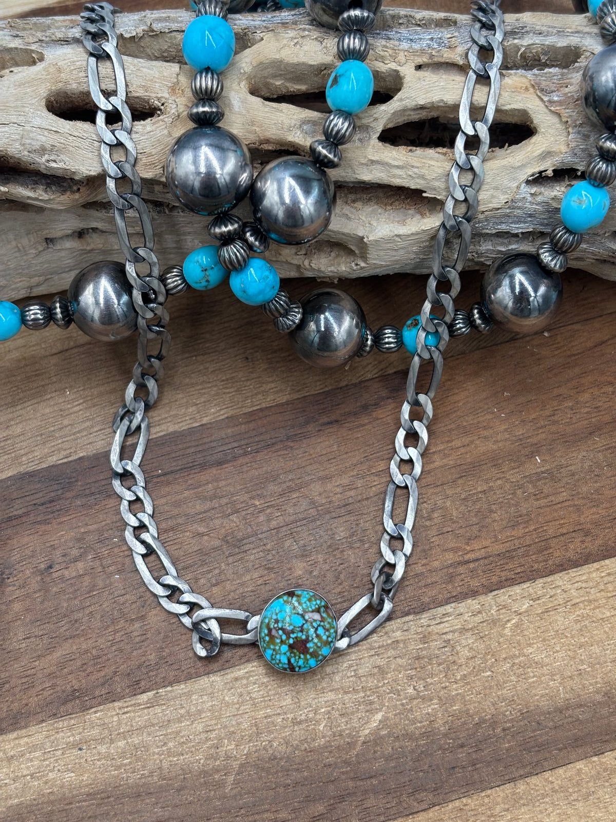 Polychrome Webbed #101-2 Kingman Turquoise Figaro Chain Necklace